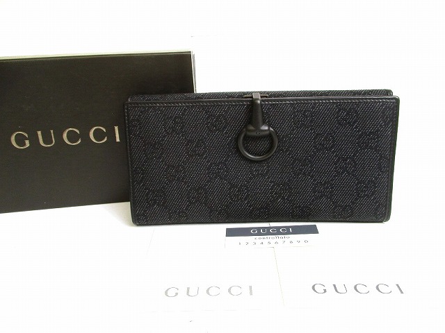 【新品負けず劣らず】 グッチ GUCCI GG 帆布 ジーンズ×カーフレザー 導管ビット 2つ折り 長紙入れ メンズ レディース 黒 【中古】