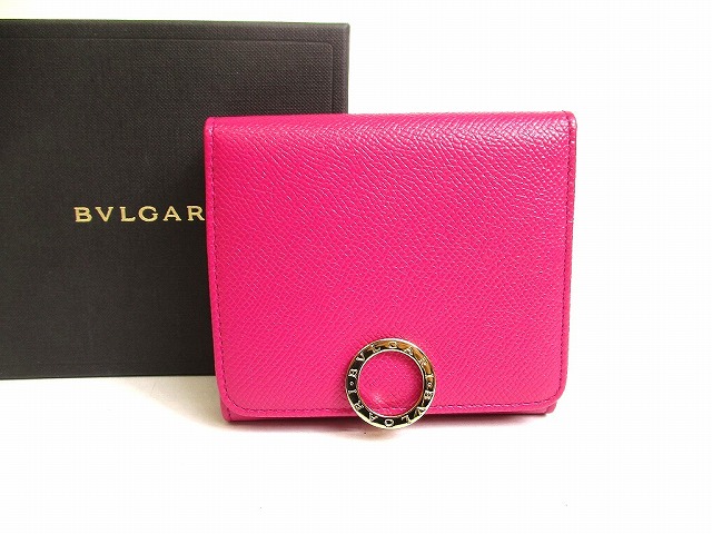 【新品同様】ブルガリ BVLGARI ロゴクリップ グレインレザー 3つ折り 財布 コンパクト財布 コンパクトウォレット ピンク×レッド 【中古】