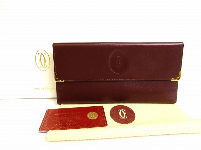 【未当て嵌める納める品】カルティエ Cartier 船檣 ドゥ カルティエ カーフスキン 金入れ 3つ折り 長紙入れ ロングウォレット メンズ レディース ボルドーワイン 【中古】