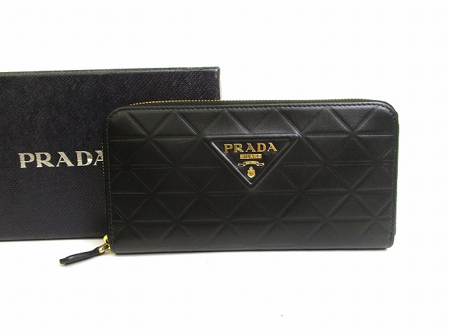 【新品同様】 プラダ PRADA トライアングル レザー ジップアラウンド長財布 ラウンドファスナー 長財布 メンズ レディース ネロ 黒 【中古】