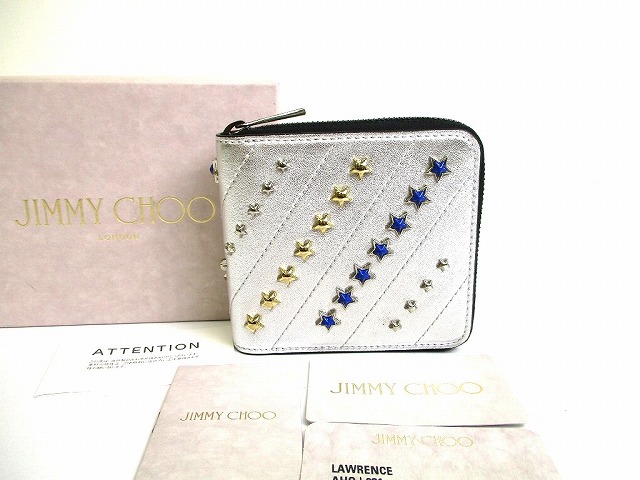 【未当て嵌める納める品】 ジミーチュウ Jimmy Choo ローレンス トリプルはやりっ子 ナッパレザー 2つ折り 紙入れ パウダーコンパクト紙入れ メンズ レディース メタリックシルバー 【中古】