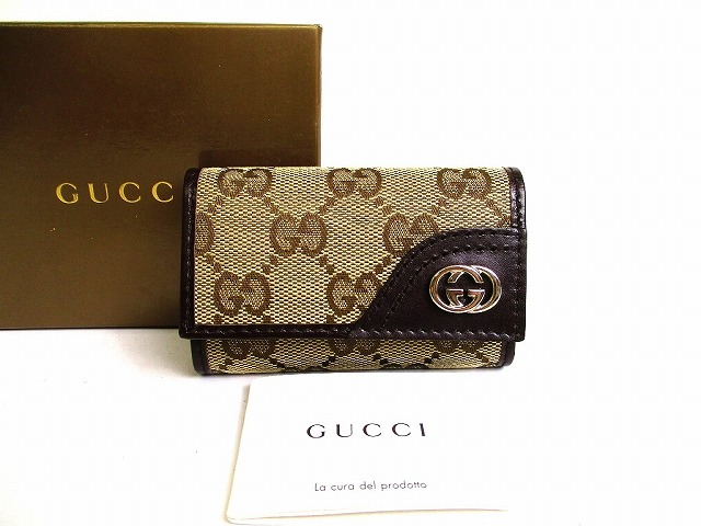 【未使用保管品】 グッチ GUCCI GGキャンバス インターロッキングG 6連 キーケース キーリング メンズ レディース ベージュ×ダークブラウン 【中古】