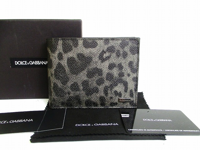 【未使用保管品】 ドルチェ＆ガッバーナ DOLCE&GABBANA ドルガバ D&G レオパード レザー 2つ折り財布 コンパクト財布 メンズ レディース グレー 【中古】