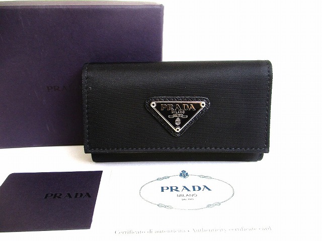 【未使用保管品】 プラダ PRADA トライアングル ナイロン サフィアーノレザー 6連 キーケース キーリング メンズ レディース ネロ 黒 【中古】