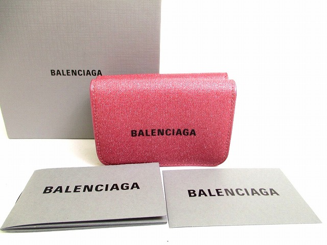 【未当てはめる倉入れ品】 バレンシアガ BALENCIAGA 現ナマ ミニウォレット グリッターレザー 3つ折り紙入れ パウダーコンパクト紙入れ メンズ レディース さくら色×黒いこと 【中古】