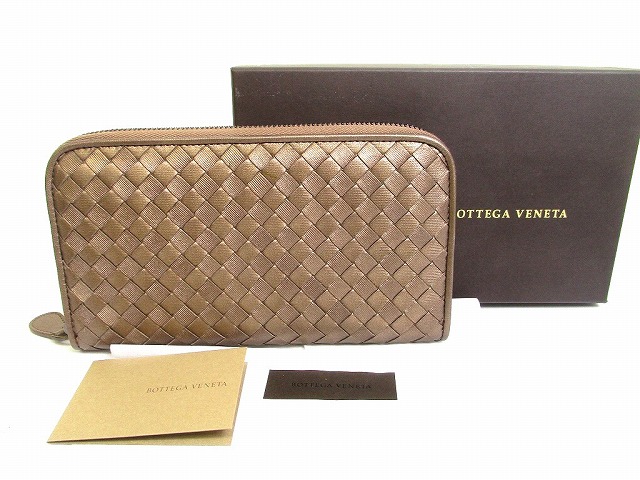 【未使用保管品】 ボッテガヴェネタ BOTTEGA VENETA イントレチャート レザー ジップアラウンドウォレット ラウンドファスナー 長財布 メンズ レディース ブロンズ 【中古】｜東京のブランドショップ