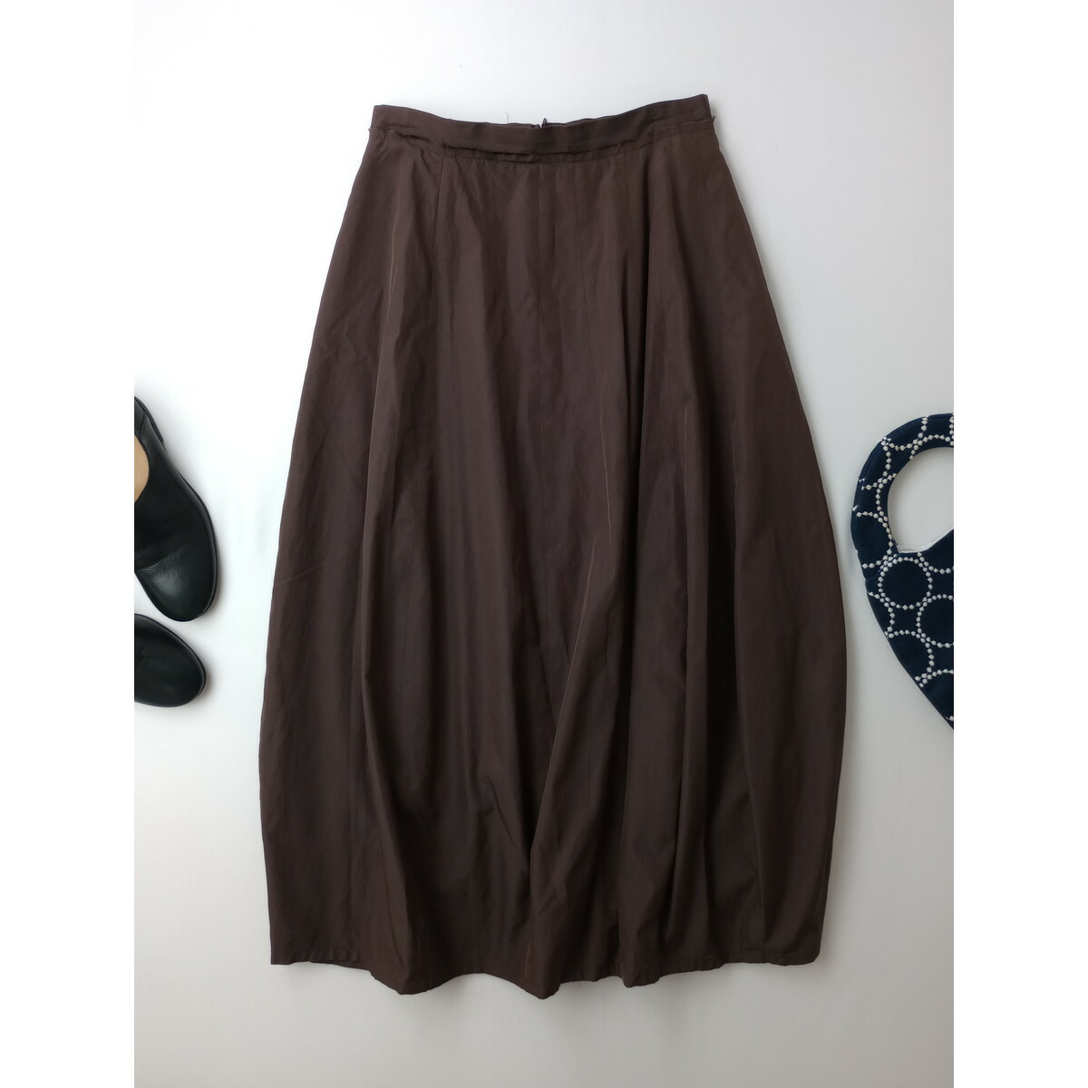 humoresque ユーモレスク random tuck skirts ランダム タック ロング スカート シルク リネン コットン ブラウン 38【中古】|Branica Republic