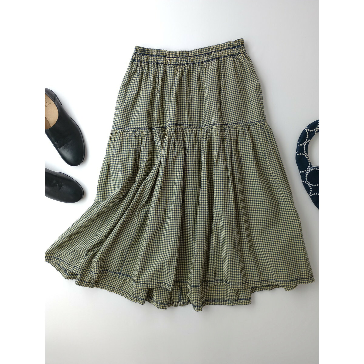 24SS homspun ホームスパン ハイカウント ギンガム チェック 柄 ロング スカート コットン 綿 100% ネイビー 【中古】|Branica Republic