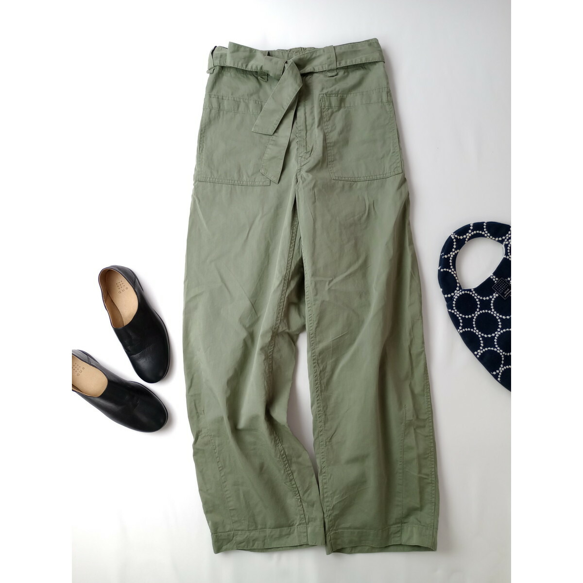 24SS Drawer ドゥロワー シルク ギャバジン ベルト ワイド パンツ カーキ 36【中古】|Branica Republic