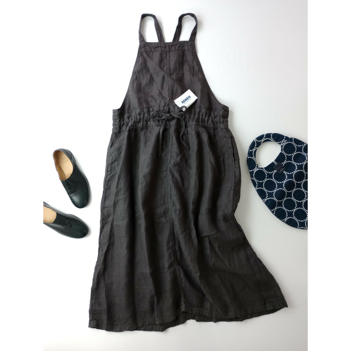 ARMEN アーメン Apron One Piece リネン 麻 100％ ヘリンボーン エプロン ワンピース ジャンパースカート ロング チャコールグレー 0【中古】