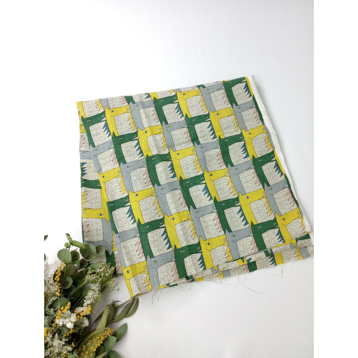 新品未使用 ミナペルホネン mina perhonen thoroughbred サラブレッド ファブリック 生地 グリーン イエロー 150ｃｍ &times; 100ｃｍ｜Branica Republic