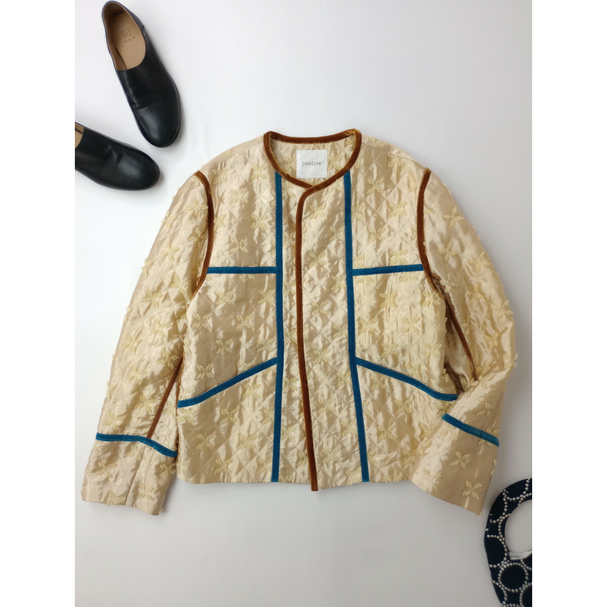 jonnlynx ジョリンクス shiny jacquard jacket シャイニー ジャガード ジャケット ノーカラー クリームイエロー F【中古】