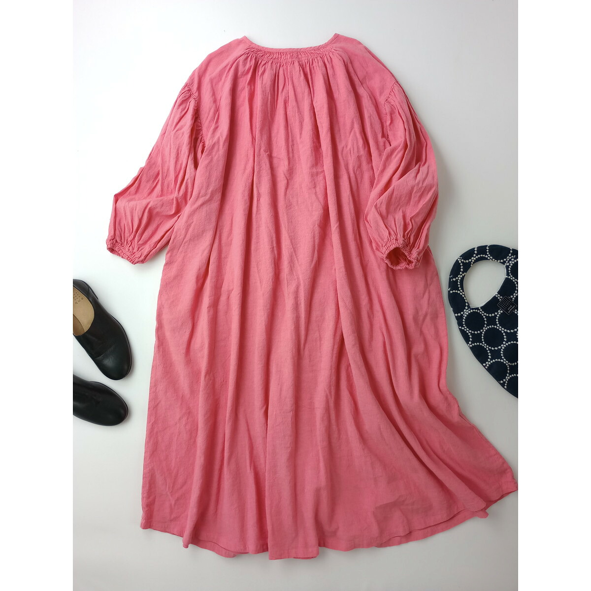 24SS nest Robe UpcycleLino ネストローブ 2WAY コットン リネン ロング ワンピース 近江晒しメニー ギャザー ドレス ピンク【中古】