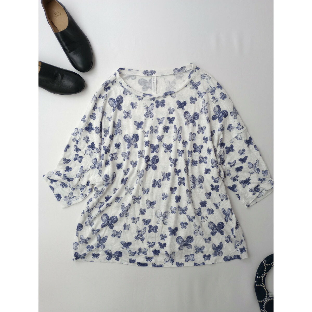 mina perhonen ミナペルホネン memoria リネン 麻 100％ 七分袖 カットソー トップス ネイビー 白【中古】