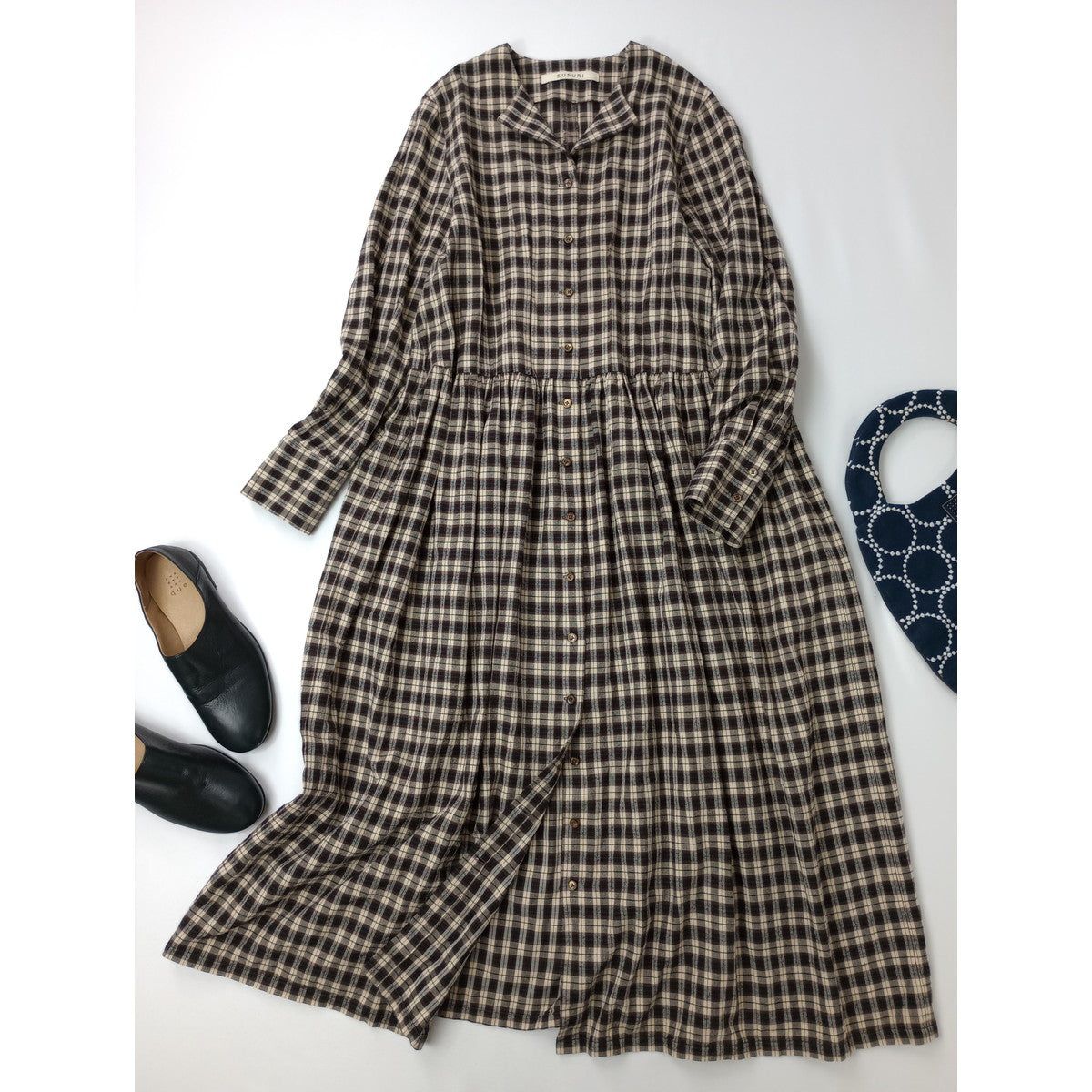 SUSURI ススリ チェック コットン シルク ロング ワンピース 長袖 ドレス ブラウン 1 【中古】|Branica Republic
