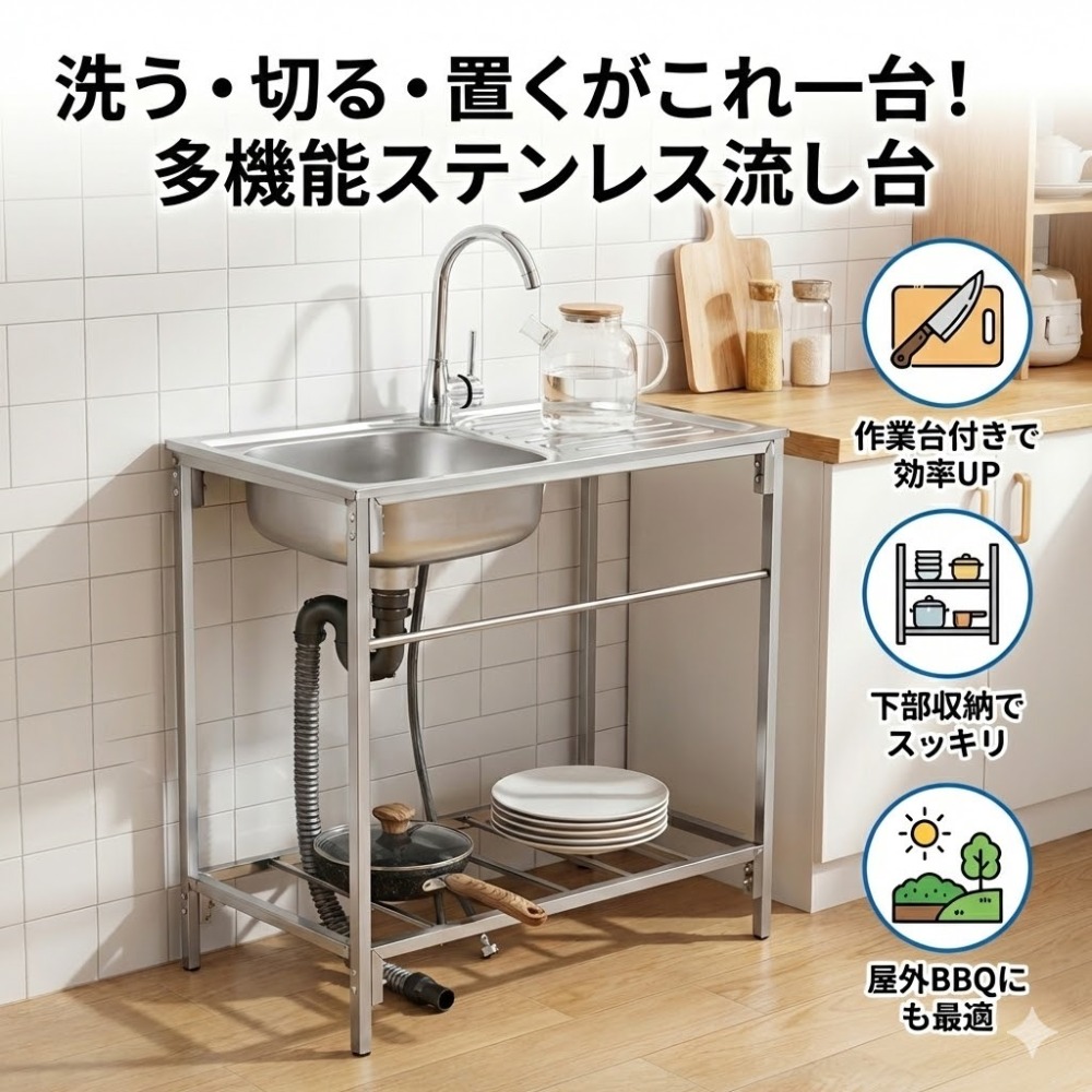 ステンレス鋼流し台 室外用 シンク やり方台付き添い人 幅75珊 奥ふかさ40珊 高さ75珊 庭園シンク 立水栓 物置き棚付き添い人 水抜き導管付き添い人 回廊 庭 BBQ 難民キャンプ 洗い場 勝手もとかばい立て台