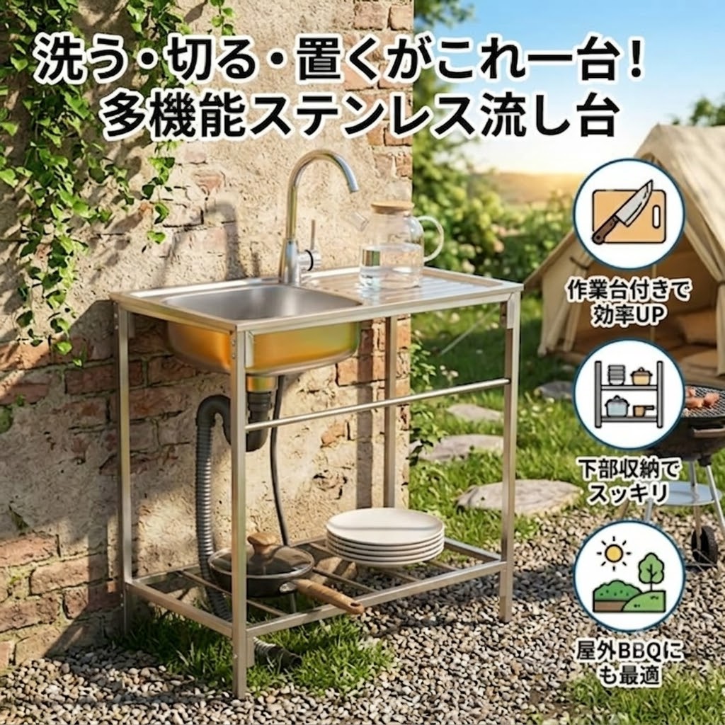 ステンレス鋼流し台 ステンレス鋼シンク 室外用 シンク やり方台付き添い人 幅75糎 奥ふかさ40糎 高さ75糎 苑地シンク 立水栓 物置き棚付き添い人 水抜き導管付き添い人 縁側 庭 BBQ 難民キャンプ 洗い場 御厨子所助けること台