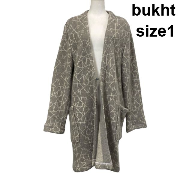 【中古】ブフト bukht ロングカーディガン 長袖 Vネック シャギー ジャガード織り ライトグレー 毛混 モヘア混 1 M 9号 ユニセックス S5Y083