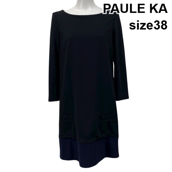 【中古】ポールカ PAULE KA 膝丈ワンピース 長袖 カットソー バイカラー Iライン 黒 ブラック ネイビー 紺 38 M 9号 レディース S5V747