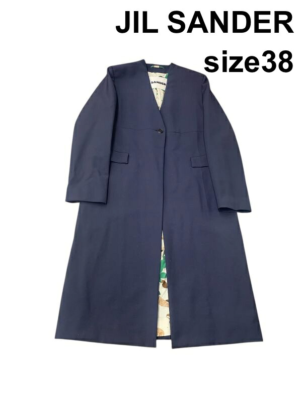 【中古】ジルサンダー JIL SANDER ロングコート 長袖 ノーカラー アウター ネイビー ウール モヘア 綿 38 M 9号 レディース H5Y085