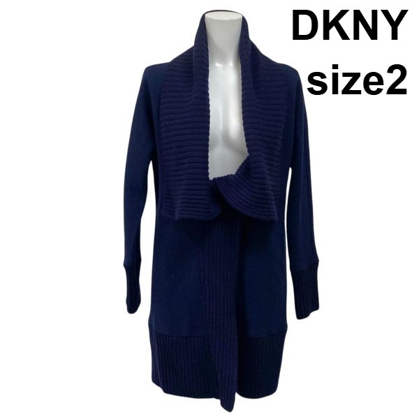 【中古】ダナキャランニューヨーク DKNY カーディガン セーター ニット 長袖 ショールカラー リブ編み ネイビー 毛混 2 M 9号 レディース S5Y006