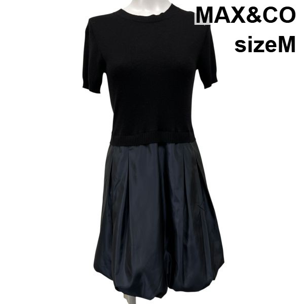 【中古】マックスアンドコー MAX&CO 異素材ドッキングワンピース 膝丈ワンピース 半袖 ニット ネイビー 黒 ウール M 9号 レディース S5X604 7,409円