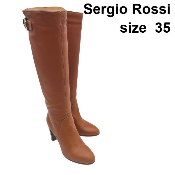 【中古】セルジオロッシ Sergio Rossi ロングブーツ ベルト ブラウン レザー 35 22.5cm前後 レディース S5Y045
