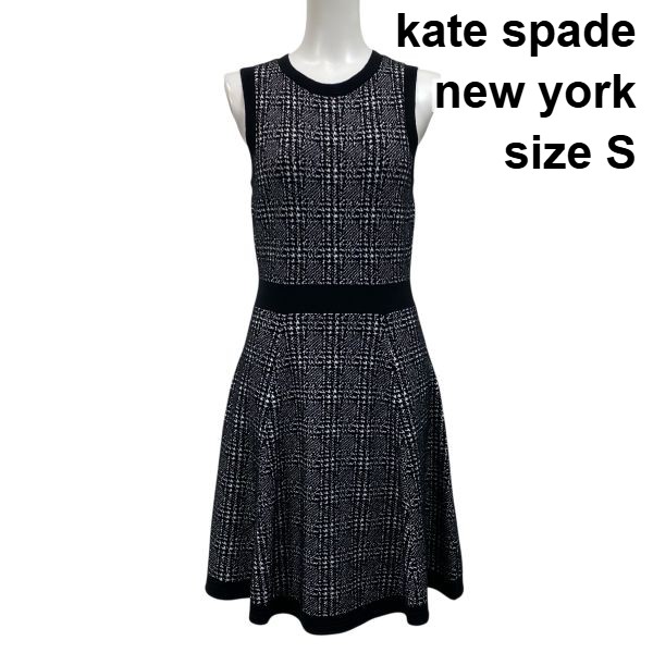 【中古】美品 ケイトスペードニューヨーク kate spade ニットワンピース 膝丈 ノースリーブ 千鳥格子 黒 白 毛混 S 7号 レディース S5V594