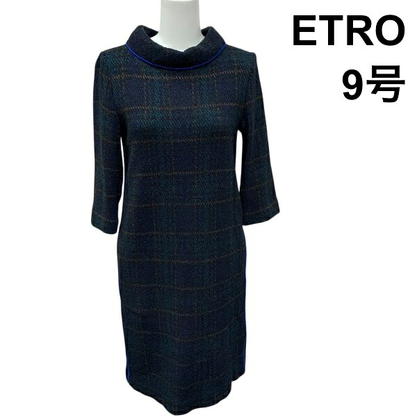 【中古】エトロ ETRO ワンピース ひざ丈 ウール混 チェック柄 ネイビー ウール 38 M 9号 レディース K6A007｜BRANKASTA 店