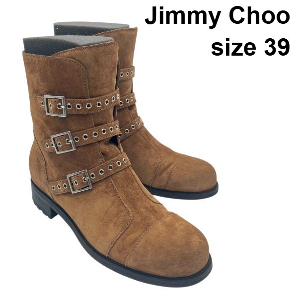 【中古】ジミーチュウ Jimmy Choo ショートブーツ バックル付 バイカーブーツ ベージュ スウェード 39 26cm前後 メンズ S5X564