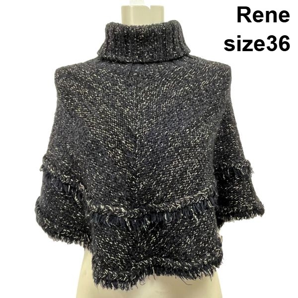 【中古】ルネ Rene ポンチョ アウター ニット 羽織り 暖かい ネイビー シルバー色 黒 シルク 毛 36 S 7号 レディース S5Y173