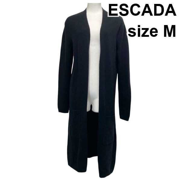【中古】エスカーダ ESCADA ロングカーディガン コーディガン ニット 長袖 オープンフロント 黒 ウール混 カシミア混 M 9号 レディース S5Y107