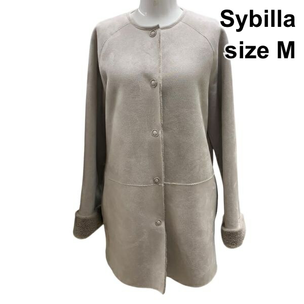 【中古】シ散らし広告 Sybilla 遊撃手厚地の外套 アウター 長袖 否色つや フェイクファー ラグラン 羊肉風 ベージュ M 9号 レディース H5Y007