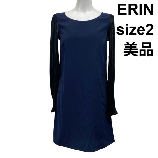 【中古】美品 エリン ERIN ワンピース 膝丈 長袖 シフォン 袖シアー Aライン ドレープ ネイビー 黒 ブラック 2 S 7号 レディース S5Y246|BRANKASTA 店