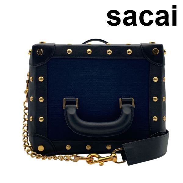 【中古】サカイ sacai スタッズボックスバッグ ショルダーバッグ ハンドバック 2WAY 米国海軍 黒 黒いこと なめし革 綿織物 レディース 5E081