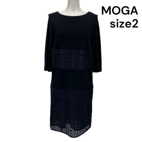 【中古】モガ MOGA 膝丈ワンピース 長袖 レース 刺繍 切替 黒 ブラック 綿混 2 M 9号 レディース S5V196|BRANKASTA 店