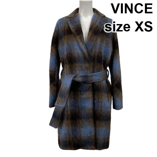【中古】ビンス VINCE プラッド ロング厚地の外套 長袖 胴締め付き添い人 厚地の外套大きさ 青み 赤銅色 毛 アルパカ モヘヤ XS 5号 レディース S5W395