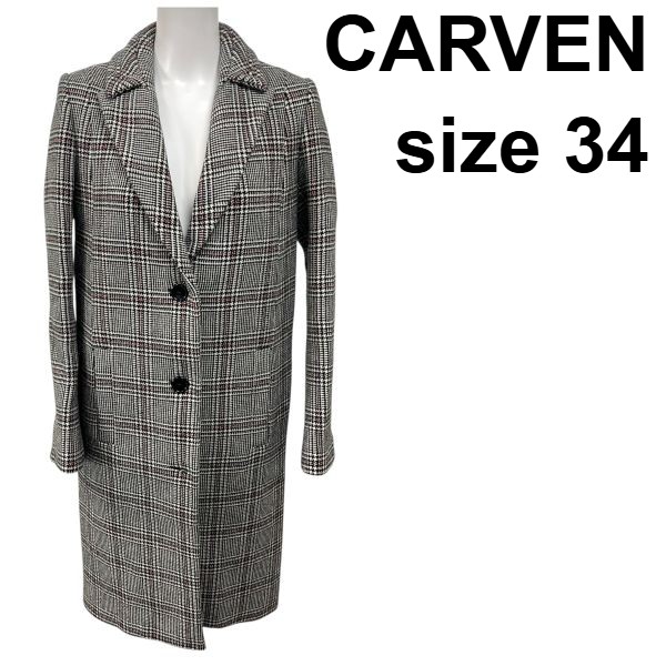 【中古】カルヴェン CARVEN チェスターコート グレン照合のしるし柄 白 黒 赤 羊毛 34 XS レディース S5X480