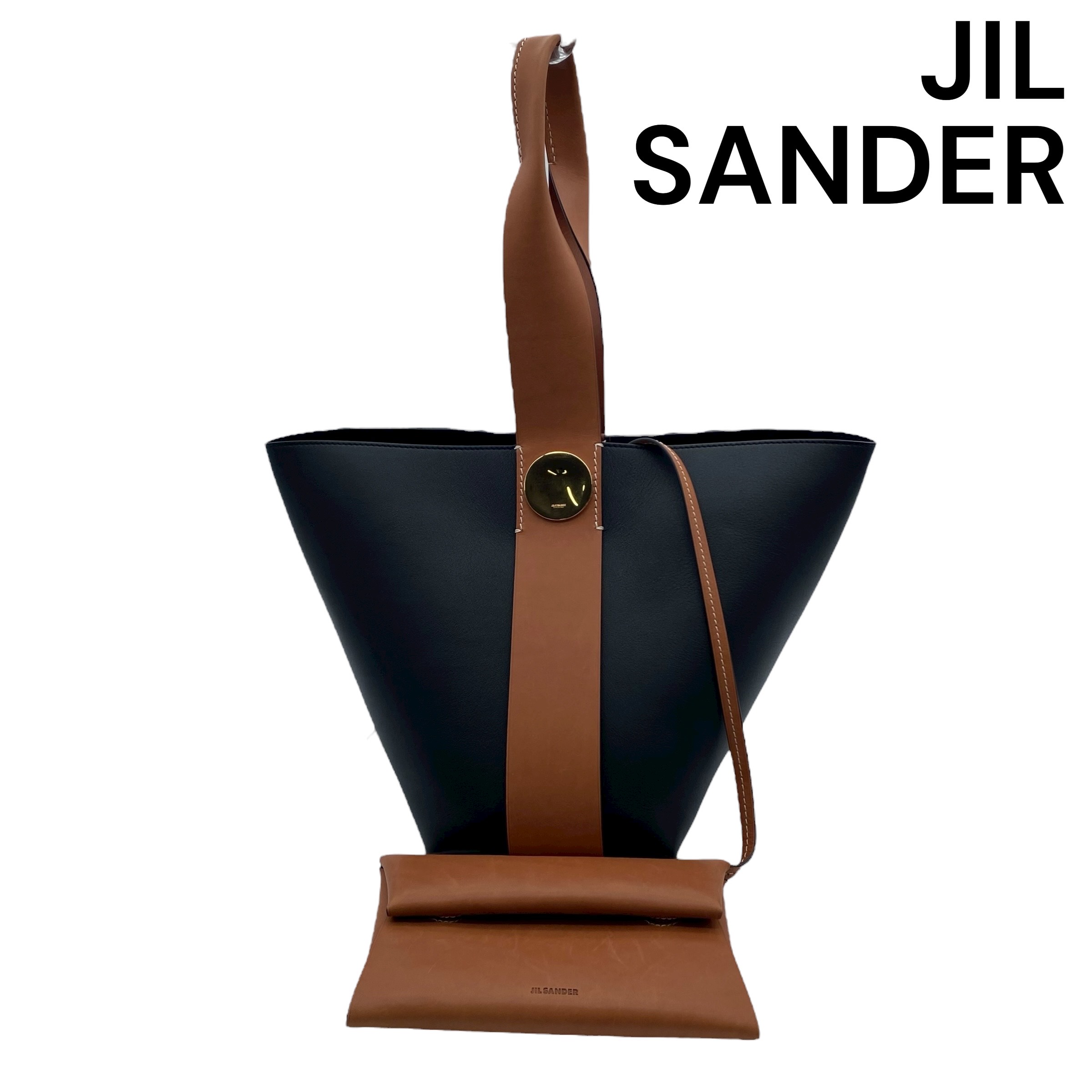 【中古】美品 ジルサンダー JIL SANDER ツイステッド ホーボーバッグ ショルダーバッグ ポーチ付き 黒 ブラウン カーフスキン レディース 5E037|BRANKASTA 店