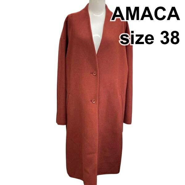 【中古】アマカ AMACA ガウンコート 長袖 ノーカラー Vネック ロング丈 ワインレッド ウール混 38 M 9号 レディース B5Y074 7,685円
