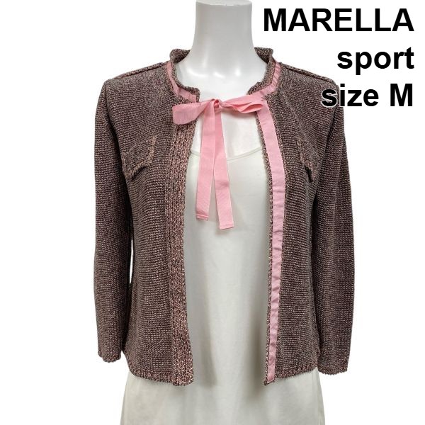 【中古】マレーラスポーツ MARELLA sport カーディガン 長袖 リボン ピンク M 9号 レディース S5V462