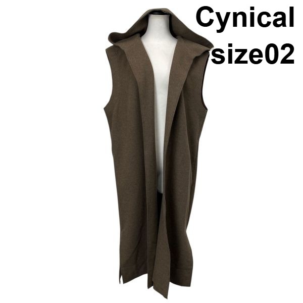 【中古】シニカル Cynical ウーレットフードジレ ベスト ロング丈 ノースリーブ オープンフロント ブラウン 02 M 9号 レディース S5W011