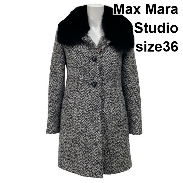 【中古】マックスマーラステュディオ Max Mara Studio 杉綾模様 羊毛厚地の外套 毛革 白 黒 アルパカ 地絹 36 S 7号 レディース S5X360