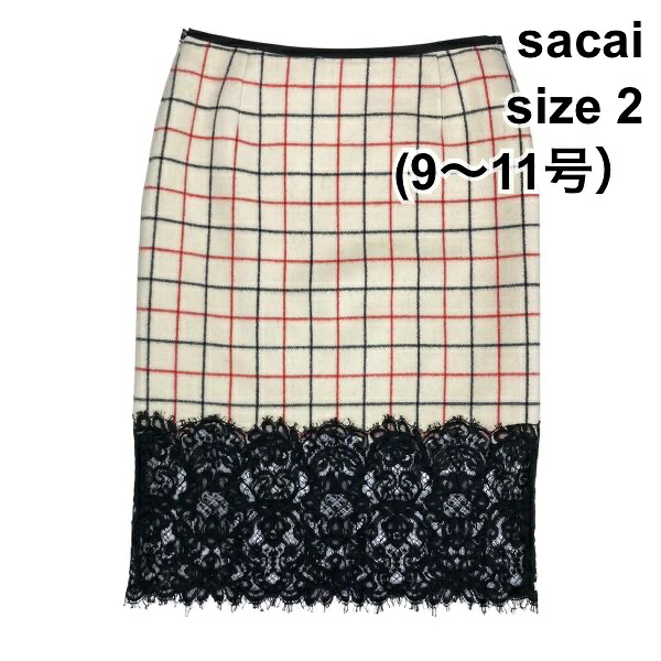 【中古】サカイ sacai タイトスカート 膝丈 照合のしるし 異原料品 スピード競技うつり変わり 白 マルチ色つや 毛糸 綿織物 2 M～L 9～11号 レディース Y5Y013