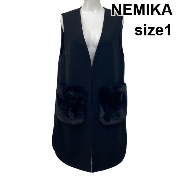 【中古】ネミカ NEMIKA ファーポケットジレ ベスト ロング丈 ノースリーブ 黒 ブラック 1 S 7号 レディース S5W212|BRANKASTA 店