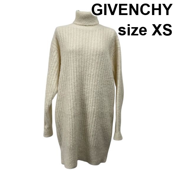 【中古】ジバンシー Givenchy ニットワンピース 膝丈 長袖 タートルネック リブ編み アイボリー アルパカ ウール XS 5号 レディース S5X317｜BRANKASTA 店