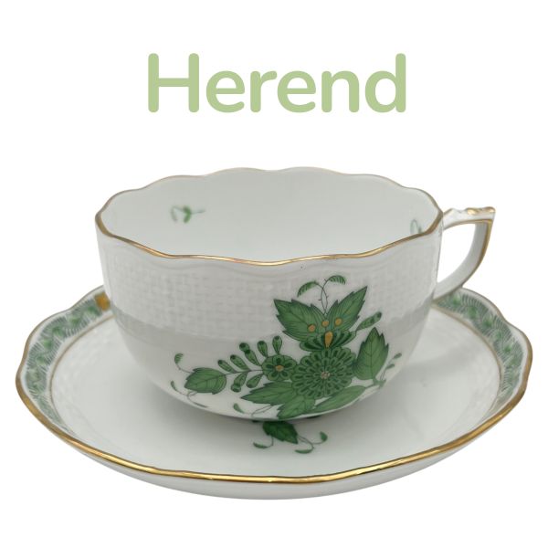 【中古】ヘレンド Herend 紅茶優勝杯＆平円盤 アポニーグリーン 白 ゴールド色 S5V285