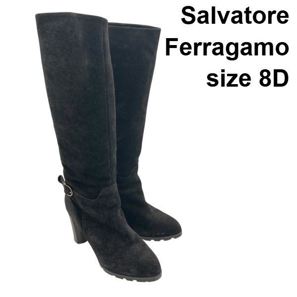 【中古】サルヴァトーレフェラガモ Salvatore Ferragamo ロングブーツ ガンチーニ 黒 スウェード 8D 26糎前後 レディース S5Y675