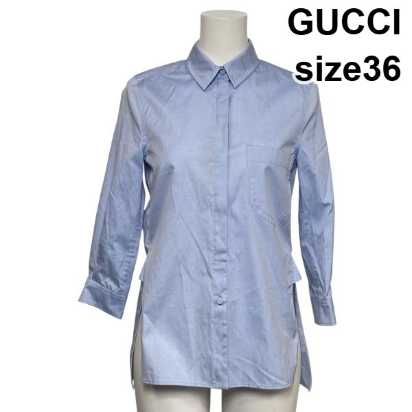 【中古】グッチ GUCCI シャツ ブラウス 長袖 サイドスリット チュニック 水色 ライトブルー 綿100％ コットン 36 S 7号 レディース S6A225