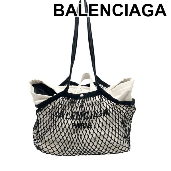 【中古】バレンシアガ BALENCIAGA トートバッグ フィッシュネット メッシュ 24/7 ミディアム 白 黒 コットン レディース S5W324|BRANKASTA 店